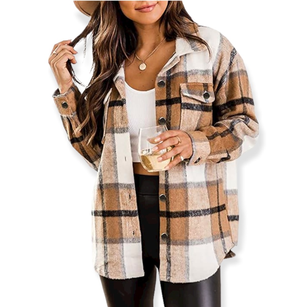 Women's Long Sleeve Flannel Plaid Coats Button Down Shirt Jacket Shacket